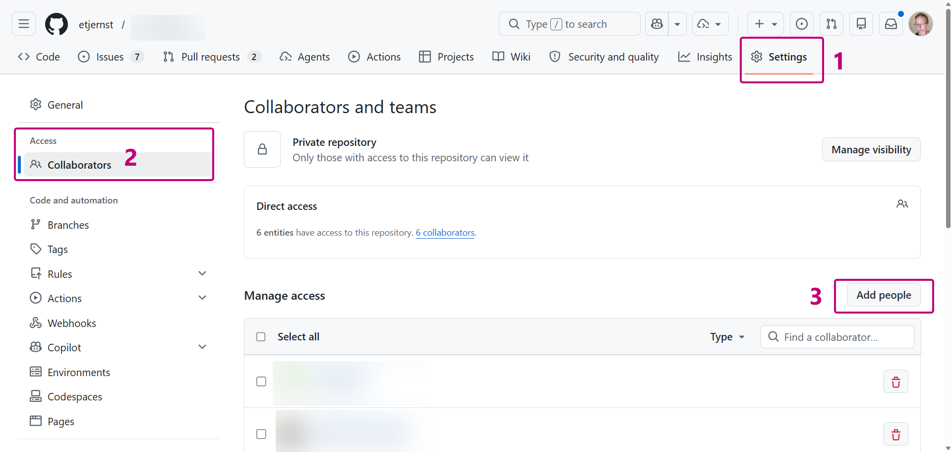 The Collaborators page in GitHub repository settings, with a box to add someone by username