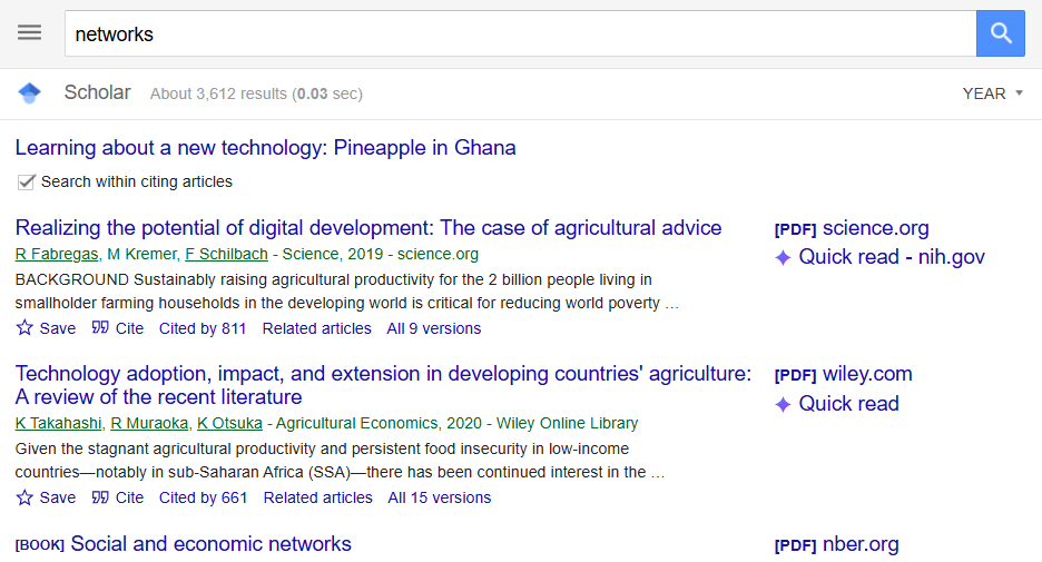 Google Scholar results for the search term networks, restricted to papers citing Conley and Udry's “Learning about a new technology: Pineapple in Ghana,” with the Search within citing articles checkbox checked.